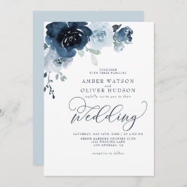 Floral Dusty Blue Dark Navy Blue Boho Wedding Kaart