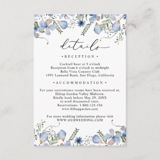 Floral Dusty Blue Details Wedding Informatiekaartje (Voorkant)