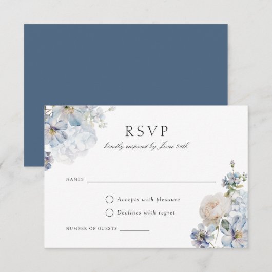 Floral Dusty Blue Elegant Blush Rozen Wedding RSVP Kaart (Voorkant / Achterkant)
