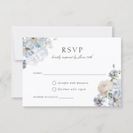 Floral Dusty Blue Elegant Blush Rozen Wedding RSVP Kaart