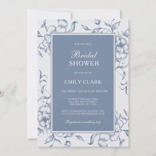 Floral Dusty Blue Elegant Bridal Shower Uitnodigin Kaart (Voorkant)