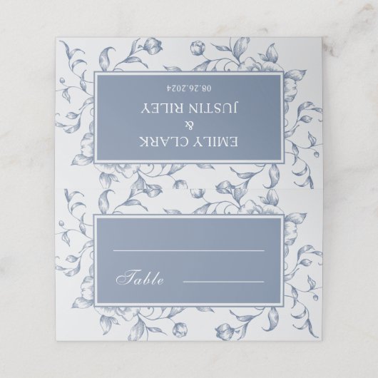 Floral Dusty Blue Elegant Bruiloft Gevouwen Plaatskaartje (Buitenkant ongevouwen)