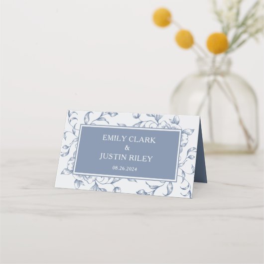 Floral Dusty Blue Elegant Bruiloft Gevouwen Plaatskaartje (Achterkant)
