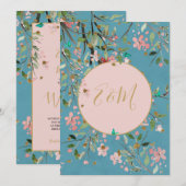 Floral Dusty Blue Elegant Gold Floral Wedding Kaart (Voorkant / Achterkant)