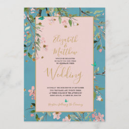 Floral Dusty Blue Elegant Gold Floral Wedding Kaart