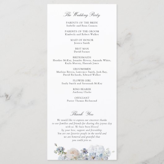 Floral Dusty Blue Elegant Rozen Wedding Programme Programmakaart (Achterkant)