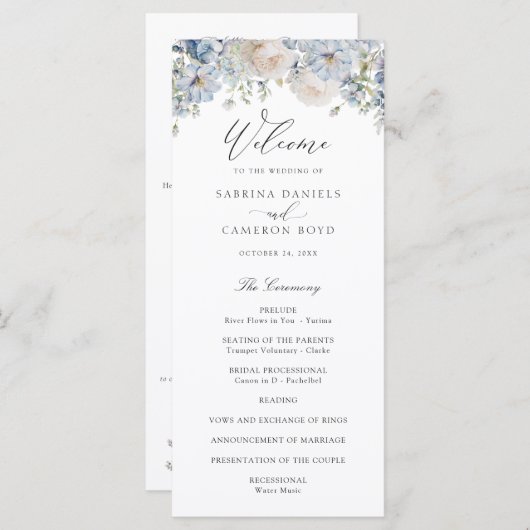 Floral Dusty Blue Elegant Rozen Wedding Programme Programmakaart (Voorkant / Achterkant)