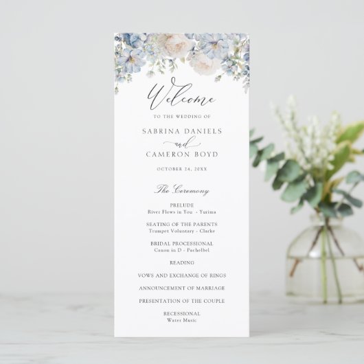 Floral Dusty Blue Elegant Rozen Wedding Programme Programmakaart (Staand voorkant)