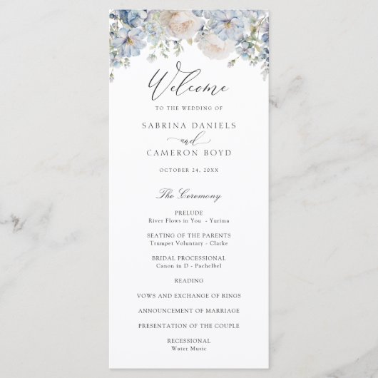 Floral Dusty Blue Elegant Rozen Wedding Programme Programmakaart (Voorkant)