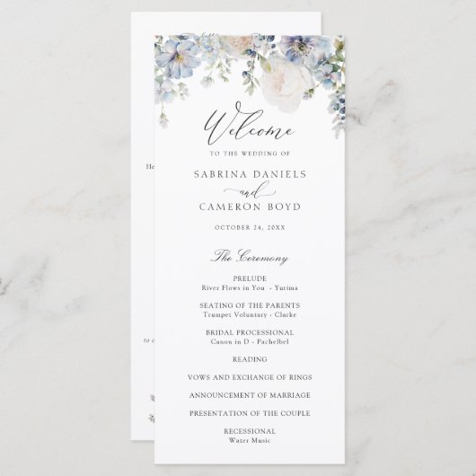 Floral Dusty Blue Elegant Rozen Wedding Programme Programmakaart (Voorkant / Achterkant)