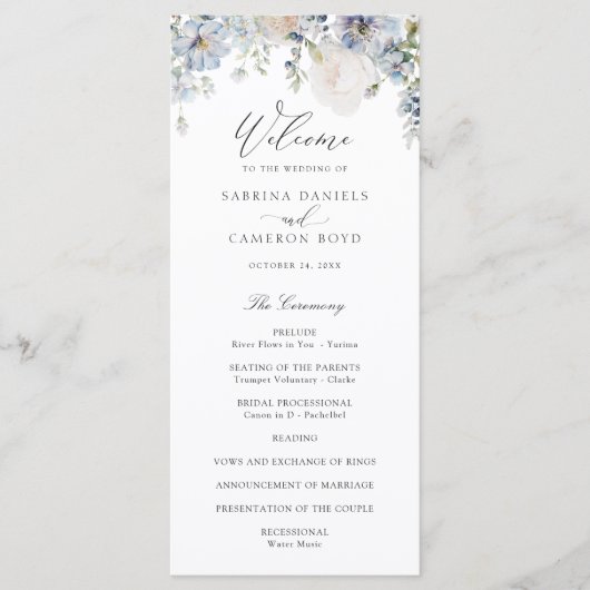 Floral Dusty Blue Elegant Rozen Wedding Programme Programmakaart (Voorkant)