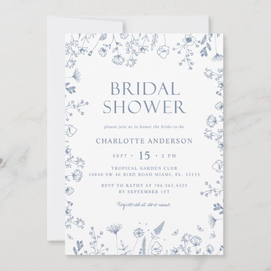 Floral Dusty Blue Elegant Vrijgezellenfeest Kaart (Voorkant)