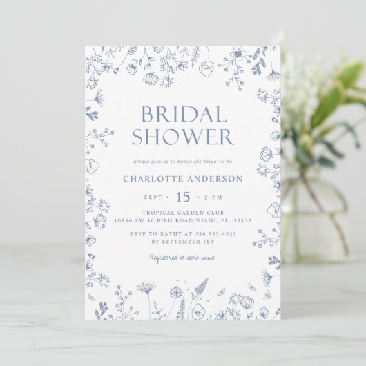 Floral Dusty Blue Elegant Vrijgezellenfeest Kaart (Staand voorkant)