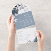Floral Dusty Blue Elegant Weddenschap All In One Uitnodiging (Afscheurbaar)