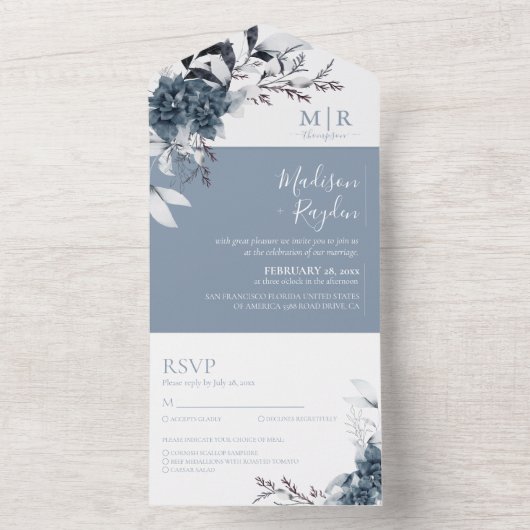 Floral Dusty Blue Elegant Weddenschap All In One Uitnodiging (Binnen)