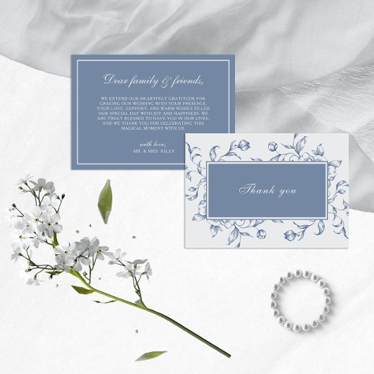 Floral Dusty Blue Elegant Wedding Bedankkaart