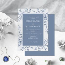 Floral Dusty Blue Elegant Wedding Kaart
