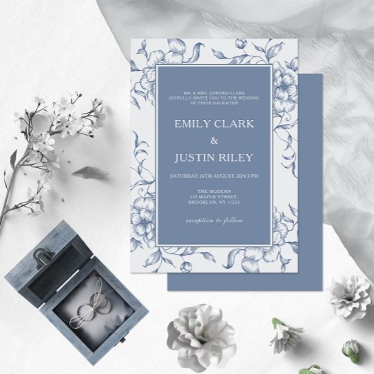 Floral Dusty Blue Elegant Wedding Kaart