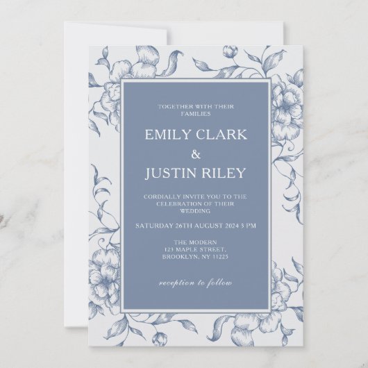 Floral Dusty Blue Elegant Wedding Kaart (Voorkant)