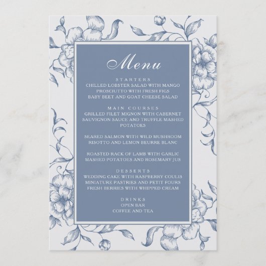 Floral Dusty Blue Elegant Wedding Menu (Voorkant)