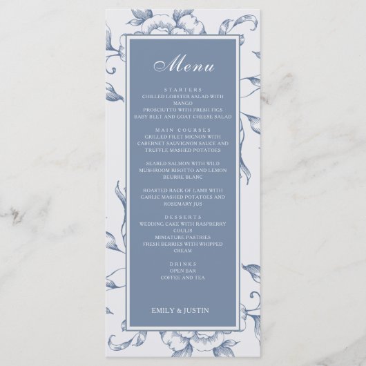 Floral Dusty Blue Elegant Wedding Menu (Voorkant)