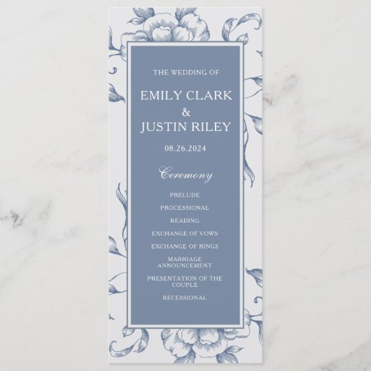 Floral Dusty Blue Elegant Wedding Programmakaart (Voorkant)