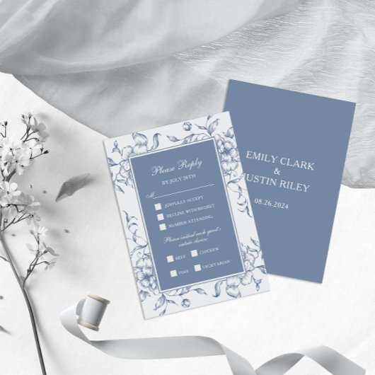 Floral Dusty Blue Elegant Wedding RSVP Kaartje