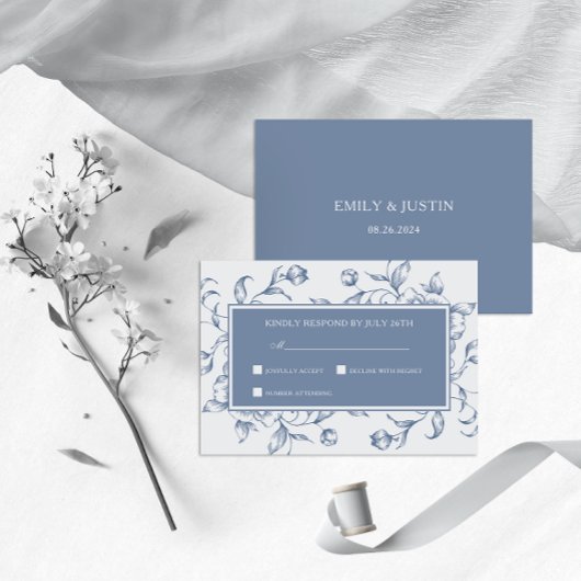 Floral Dusty Blue Elegant Wedding RSVP Kaartje