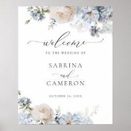 Floral Dusty Blue Elegant Wedding Welcome Sign Poster