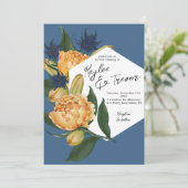 Floral Dusty Blue en Sinaasappel bruiloft Kaart (Staand voorkant)