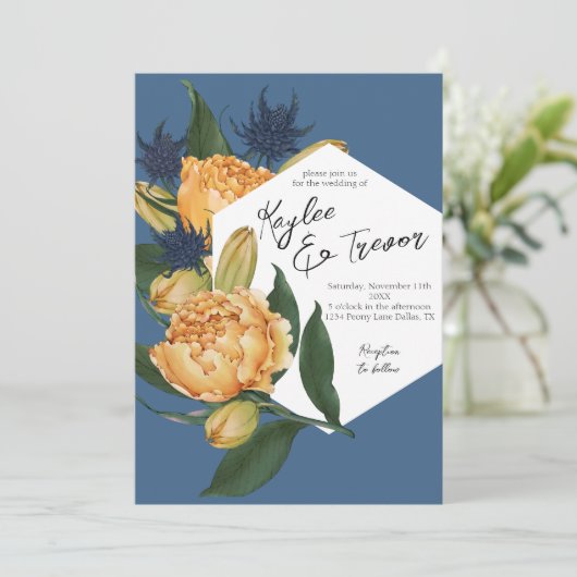 Floral Dusty Blue en Sinaasappel bruiloft Kaart (Staand voorkant)