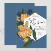 Floral Dusty Blue en Sinaasappel bruiloft Kaart (Voorkant / Achterkant)