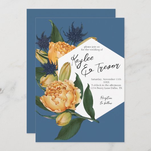 Floral Dusty Blue en Sinaasappel bruiloft Kaart (Voorkant / Achterkant)