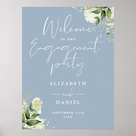 Floral Dusty Blue Engagement Party Welkomstbord Poster (Voorkant)
