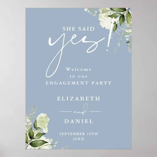 Floral Dusty Blue Engagement Party Welkomstbord Poster (Voorkant)