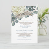 Floral Dusty Blue Eucalyptus Elegant Gold Wedding Kaart (Staand voorkant)