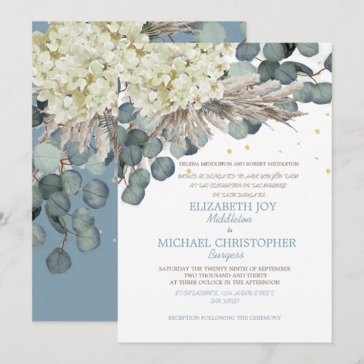 Floral Dusty Blue Eucalyptus Elegant Gold Wedding Kaart (Voorkant / Achterkant)