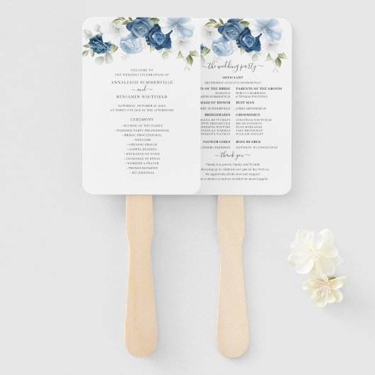 Floral Dusty Blue Eucalyptus Wedding Programme Handwaaier (Voorkant en achterkant)