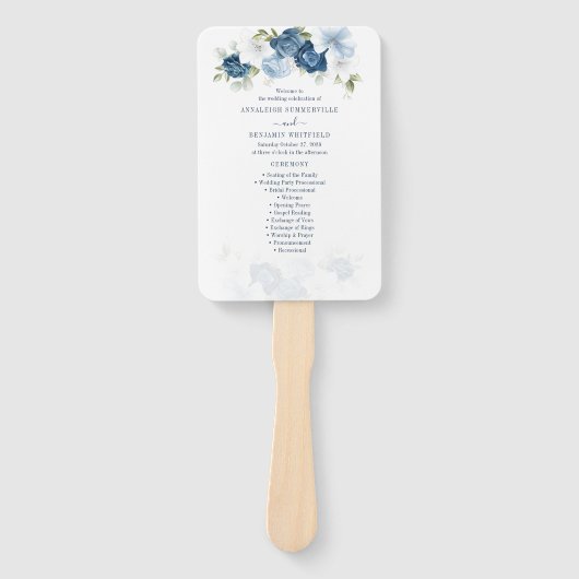 Floral Dusty Blue Foliage Wedding Ceremony Program Handwaaier (Voorkant)