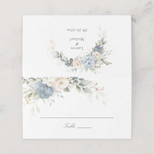 Floral Dusty Blue Greenery Elegant Wedding Plaatskaartje (Buitenkant ongevouwen)