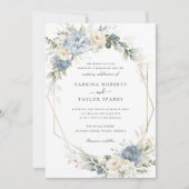 Floral Dusty Blue Greenery Gold Wedding Kaart (Voorkant)