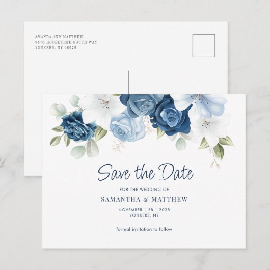 Floral Dusty Blue Greenery Save the Date Aankondigingskaart (Voorkant / Achterkant)