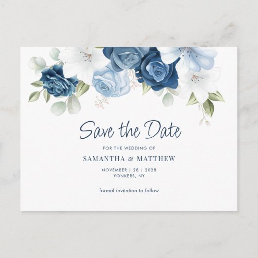 Floral Dusty Blue Greenery Save the Date Aankondigingskaart (Voorkant)