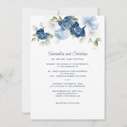 Floral Dusty Blue Greenery Typography Wedding Kaart (Voorkant)