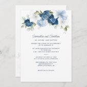Floral Dusty Blue Greenery Typography Wedding Kaart (Voorkant / Achterkant)