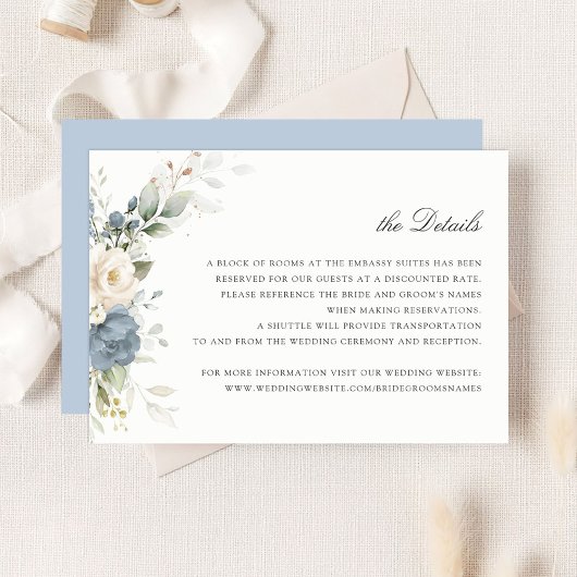 Floral Dusty Blue Greenery Wedding Details Insert Kaart
