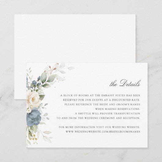 Floral Dusty Blue Greenery Wedding Details Invoege Kaart (Voorkant / Achterkant)