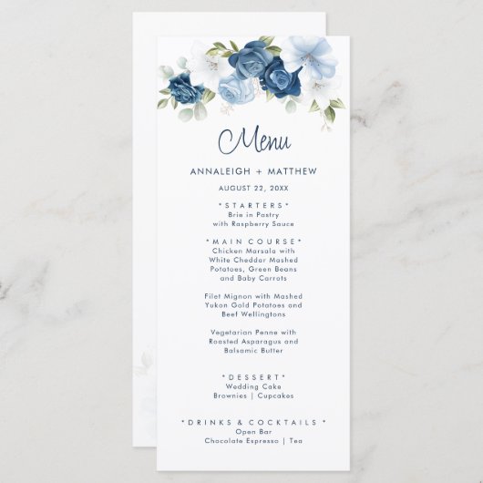 Floral Dusty Blue Greenery Wedding Menu (Voorkant / Achterkant)