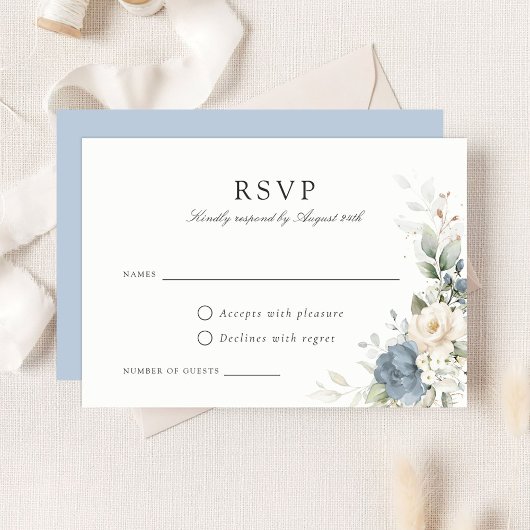 Floral Dusty Blue Greenery Wedding RSVP Card Kaart