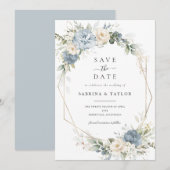 Floral Dusty Blue Greenery Wedding Save the Date Kaart (Voorkant / Achterkant)